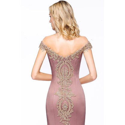 Women Long Gold Lace Applique Mermaid Prom Dress Off Shoulder Formal Gowns