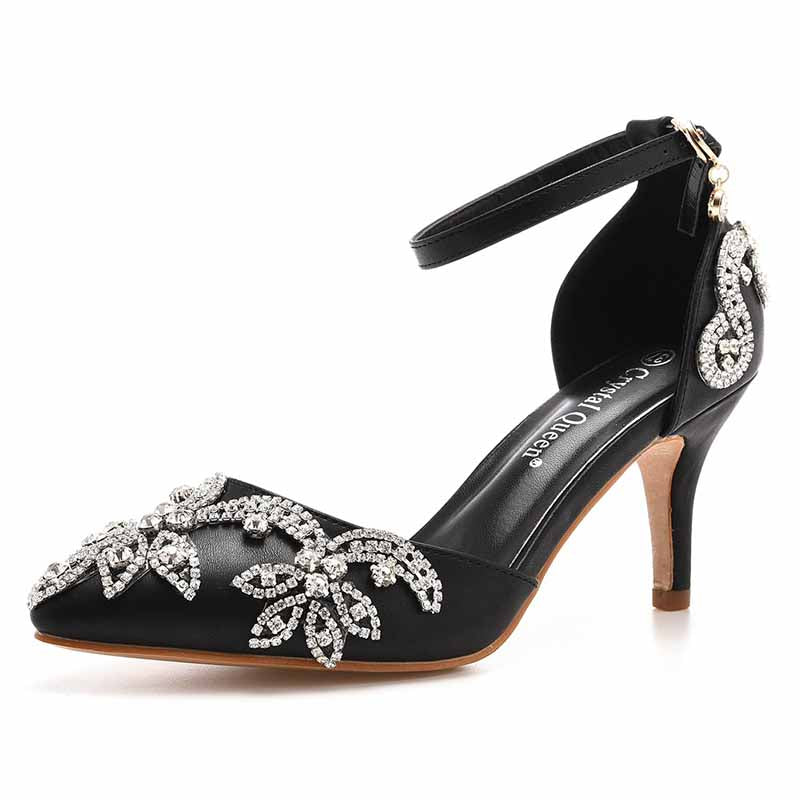 Elegant black bridal crystal heels for wedding featuring intricate crystal embellishments and an ankle strap