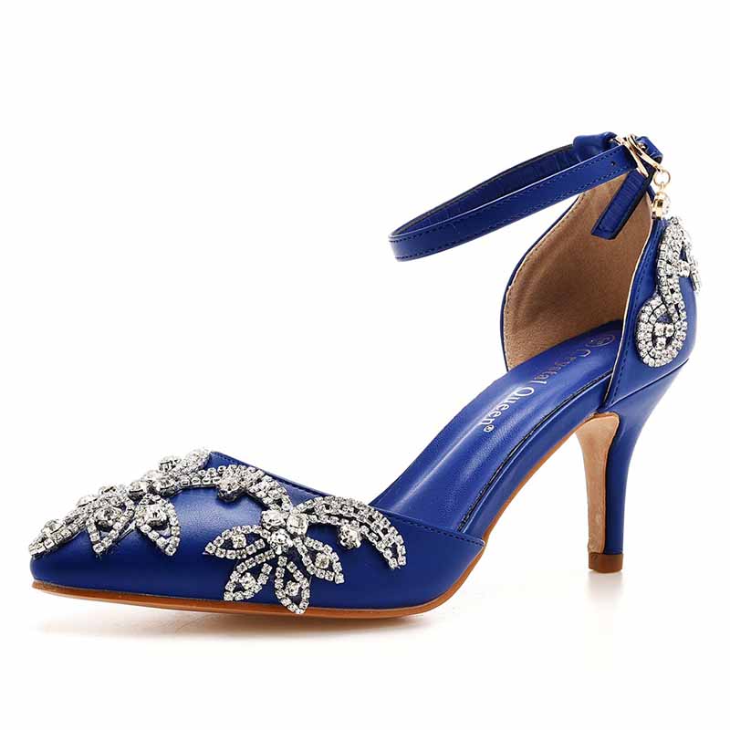 Elegant blue bridal crystal heels for wedding with intricate embellishments and ankle strap