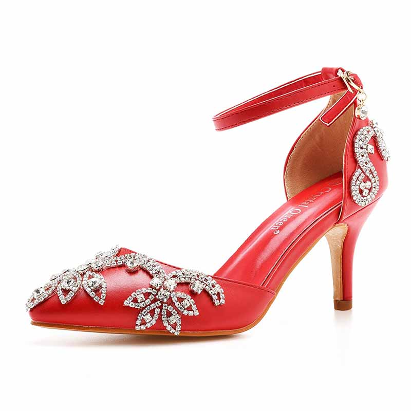Elegant red bridal crystal heels for wedding with floral embellishments and ankle strap
