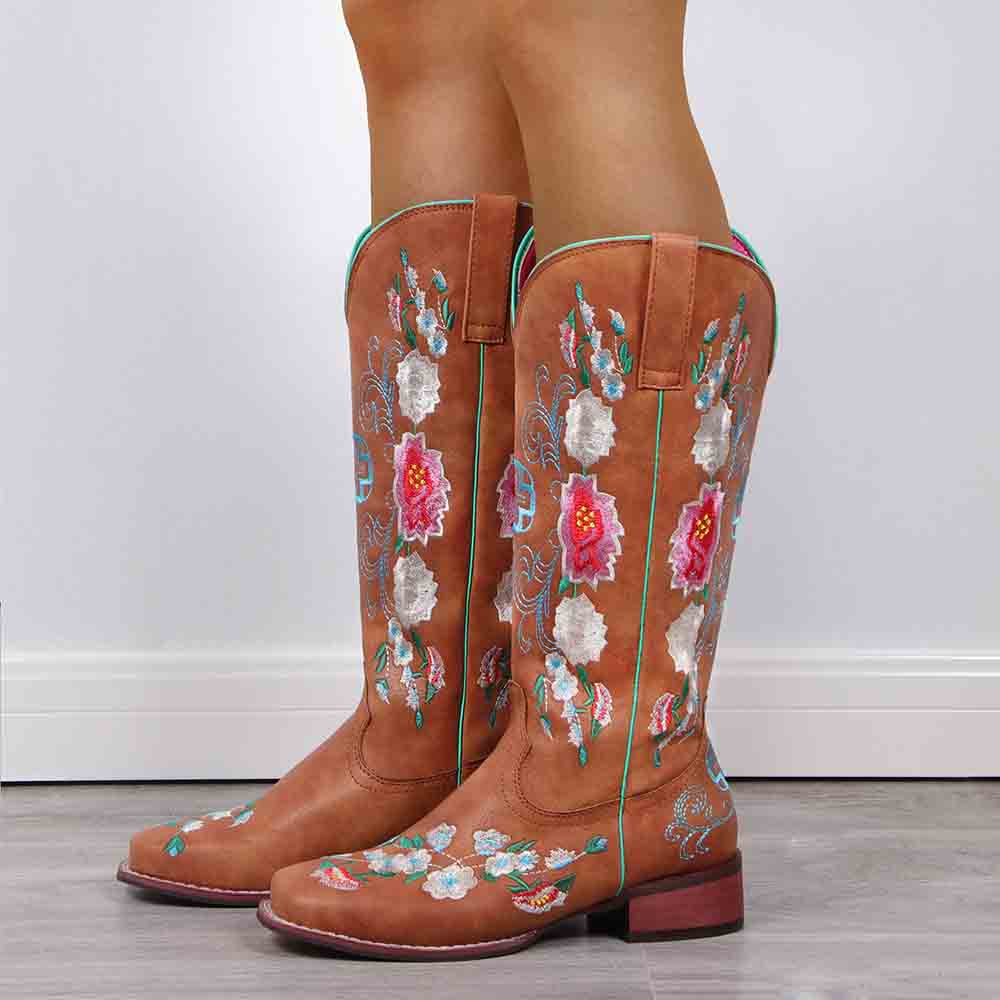 Women Embroidery Riding Boots Vintage Square Toes Chunky Heel Cowgirl Cowboy Boots