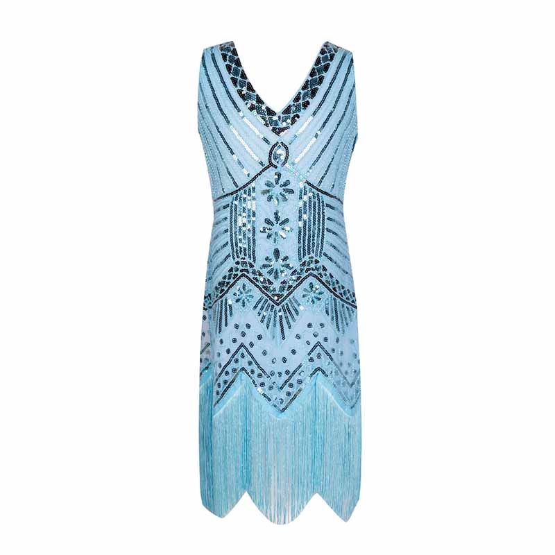 Kid's sequin embellished fringed flapper dress in blue with a geometric pattern.