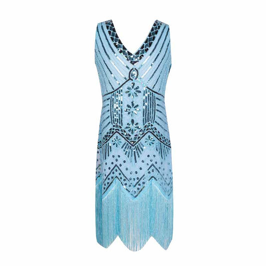 Kid's sequin embellished fringed flapper dress in blue with a geometric pattern.