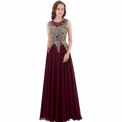 Gold Lace A Line Long Chiffon Women Formal Corset Prom Evening Dresses