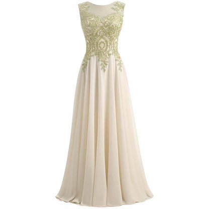 Gold Lace A Line Long Chiffon Women Formal Corset Prom Evening Dresses