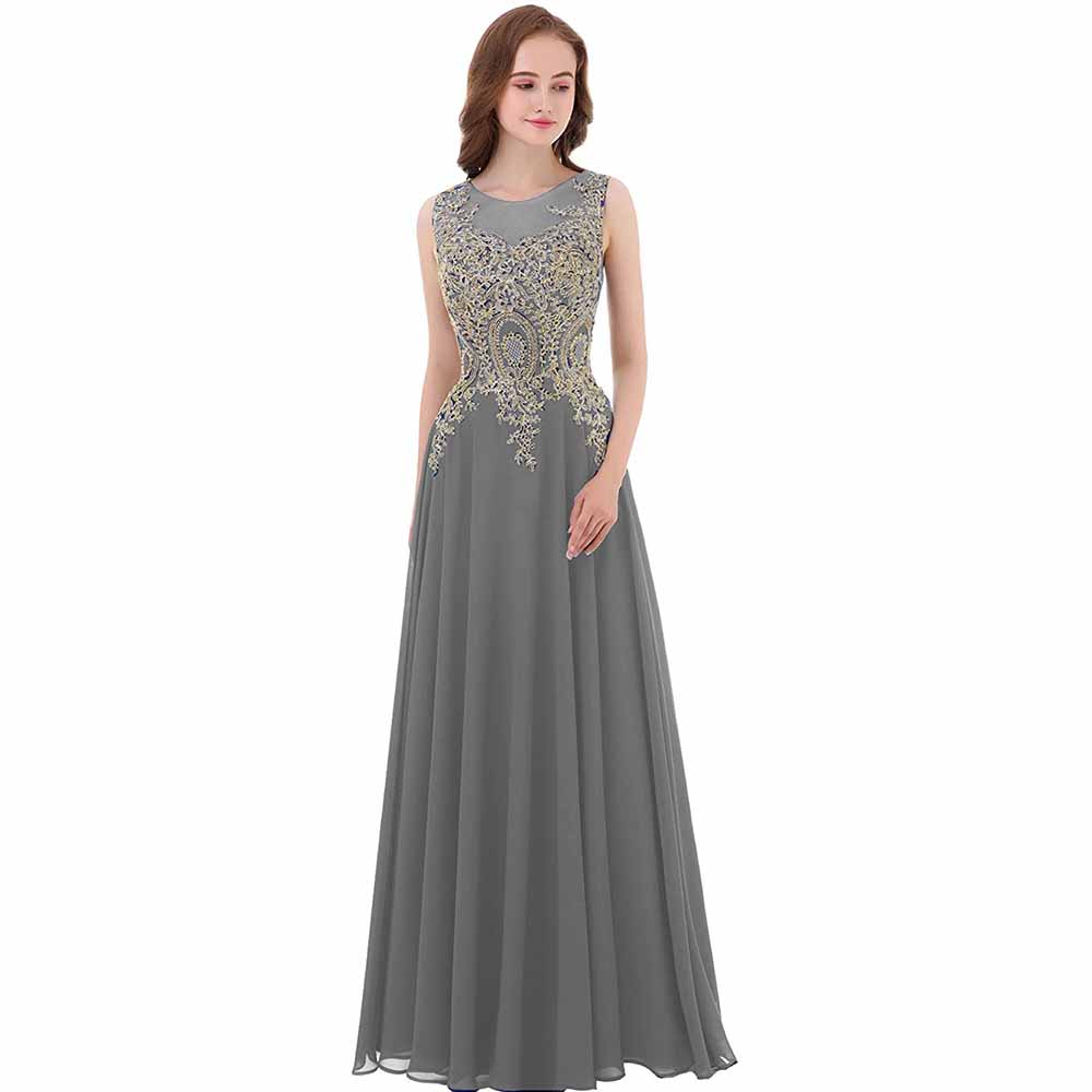 Gold Lace A Line Long Chiffon Women Formal Corset Prom Evening Dresses