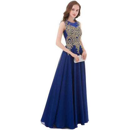Gold Lace A Line Long Chiffon Women Formal Corset Prom Evening Dresses
