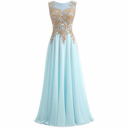 Gold Lace A Line Long Chiffon Women Formal Corset Prom Evening Dresses