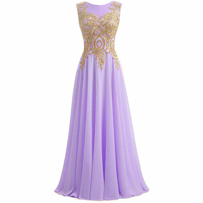 Gold Lace A Line Long Chiffon Women Formal Corset Prom Evening Dresses