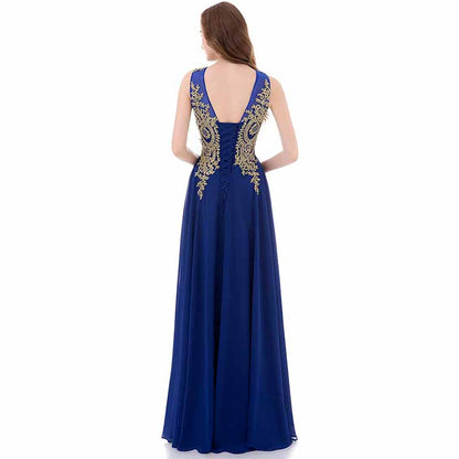 Gold Lace A Line Long Chiffon Women Formal Corset Prom Evening Dresses