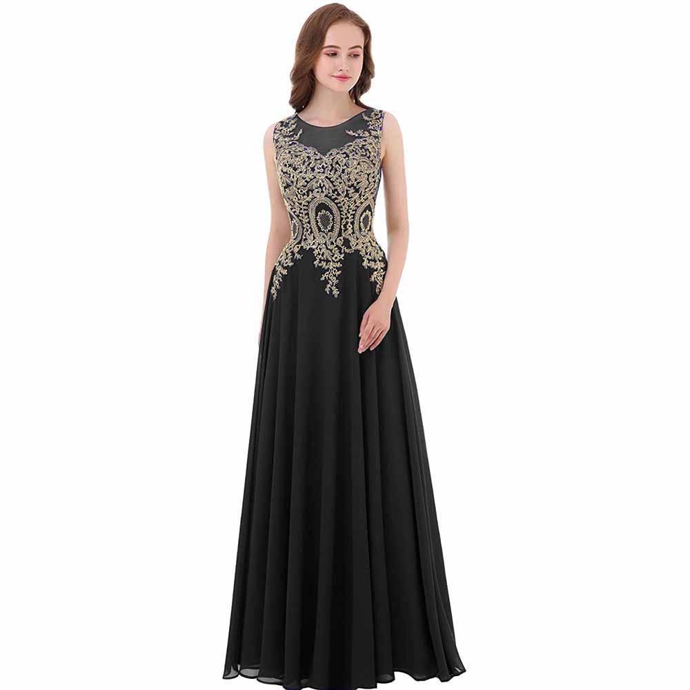 Gold Lace A Line Long Chiffon Women Formal Corset Prom Evening Dresses