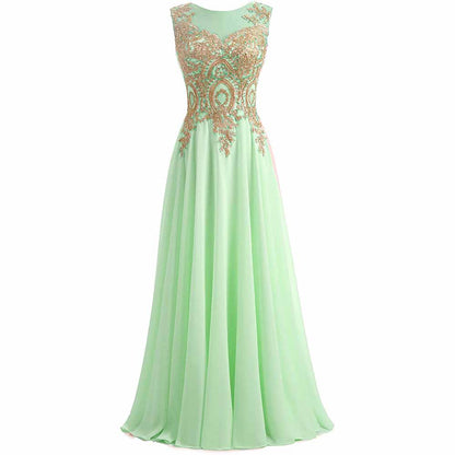 Gold Lace A Line Long Chiffon Women Formal Corset Prom Evening Dresses