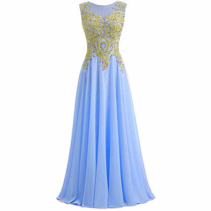 Gold Lace A Line Long Chiffon Women Formal Corset Prom Evening Dresses