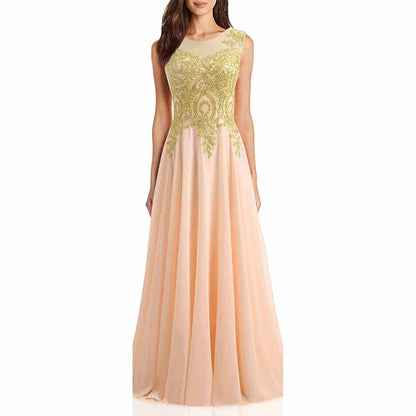 Gold Lace A Line Long Chiffon Women Formal Corset Prom Evening Dresses
