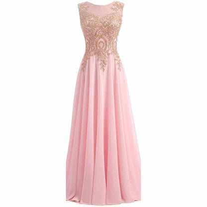 Gold Lace A Line Long Chiffon Women Formal Corset Prom Evening Dresses