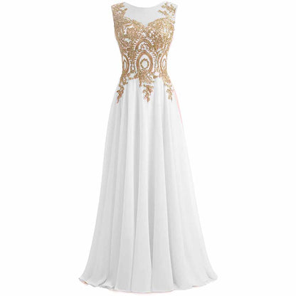 Gold Lace A Line Long Chiffon Women Formal Corset Prom Evening Dresses