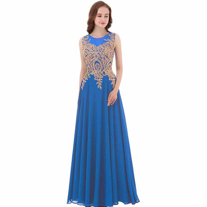 Gold Lace A Line Long Chiffon Women Formal Corset Prom Evening Dresses