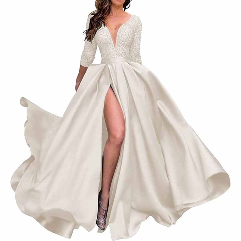 Deep V Neck Satin Prom Dresses 3/4 Sleeves Lace Slit Ball Gown with Pockets