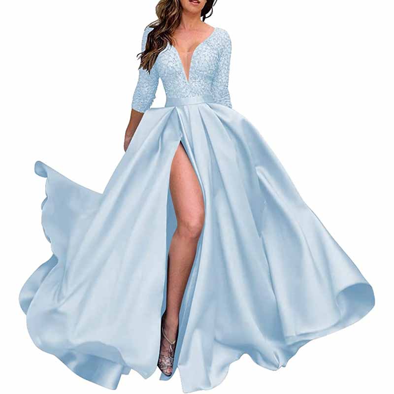 Deep V Neck Satin Prom Dresses 3/4 Sleeves Lace Slit Ball Gown with Pockets