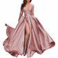 Deep V Neck Satin Prom Dresses 3/4 Sleeves Lace Slit Ball Gown with Pockets