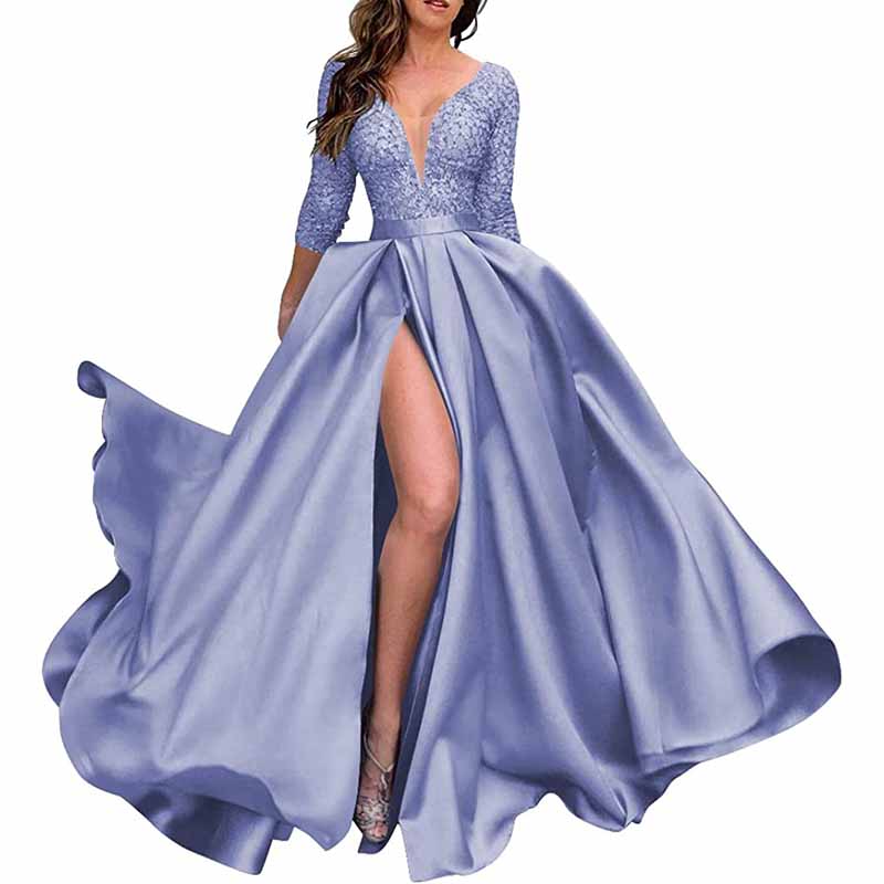 Deep V Neck Satin Prom Dresses 3/4 Sleeves Lace Slit Ball Gown with Pockets