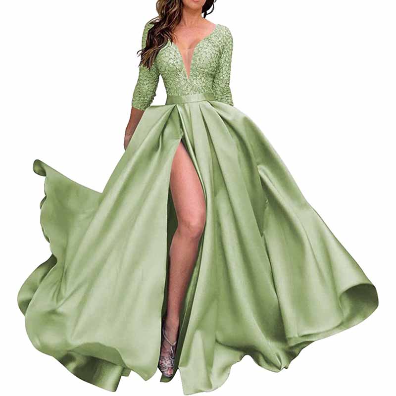 Deep V Neck Satin Prom Dresses 3/4 Sleeves Lace Slit Ball Gown with Pockets