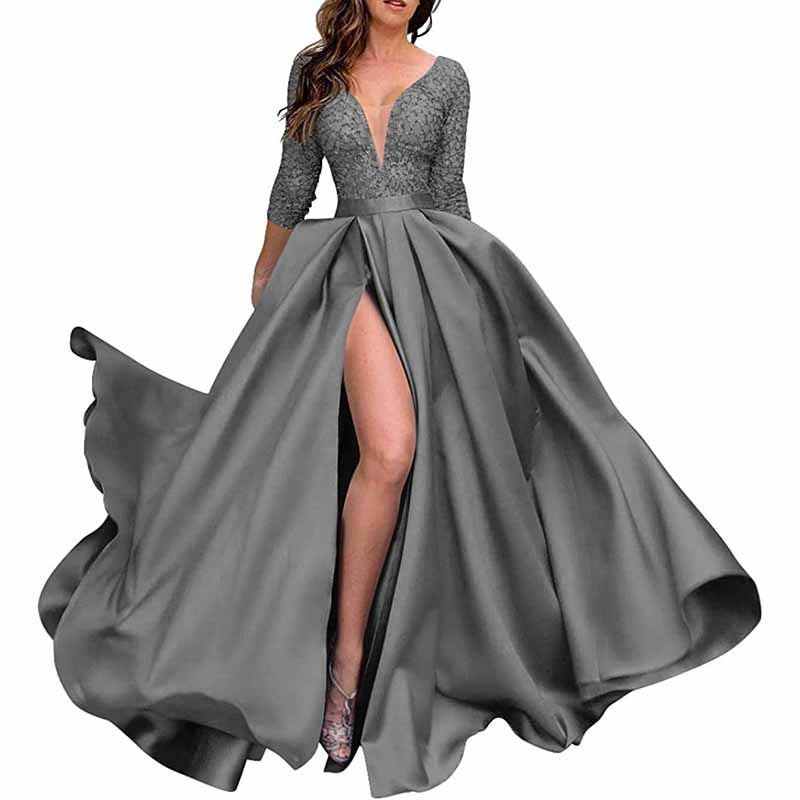 Deep V Neck Satin Prom Dresses 3/4 Sleeves Lace Slit Ball Gown with Pockets