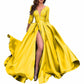 Deep V Neck Satin Prom Dresses 3/4 Sleeves Lace Slit Ball Gown with Pockets