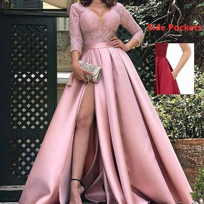 Deep V Neck Satin Prom Dresses 3/4 Sleeves Lace Slit Ball Gown with Pockets