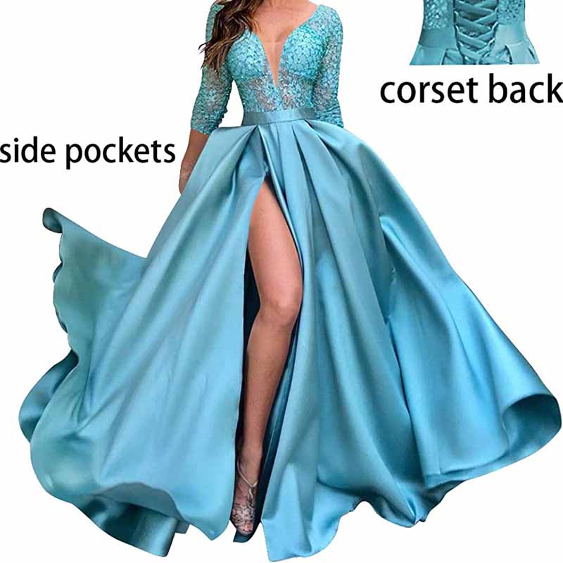 Deep V Neck Satin Prom Dresses 3/4 Sleeves Lace Slit Ball Gown with Pockets