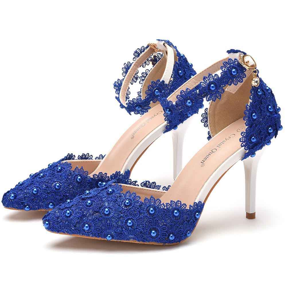 Women's High Heel Pumps Closed Toe Sandals with Floral Lace Bridal Shoes
