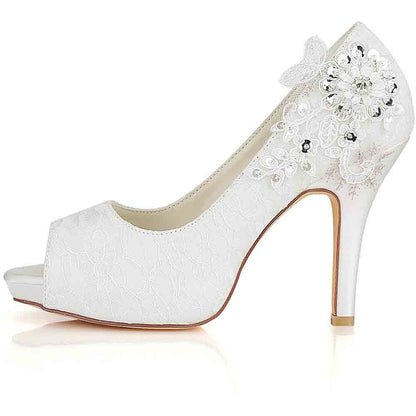 Women's Wedding Shoes Peep Toe Stiletto Heel Lace Satin Pumps