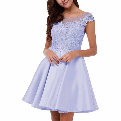 Light purple lace applique homecoming dress with a fitted bodice and flared skirt