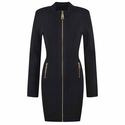 Mini Dress Ladies Long Sleeve Knitted Dress with Zips