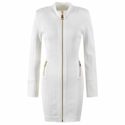 Mini Dress Ladies Long Sleeve Knitted Dress with Zips