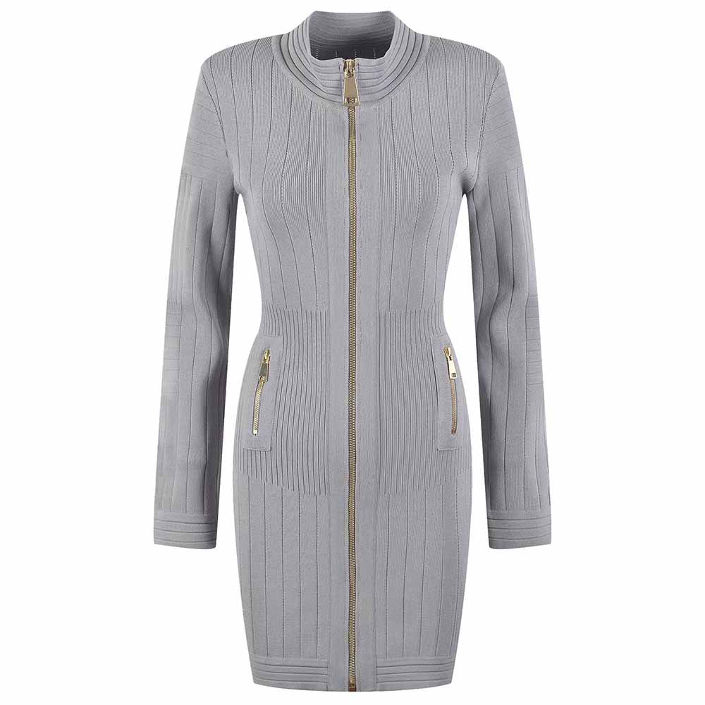 Mini Dress Ladies Long Sleeve Knitted Dress with Zips