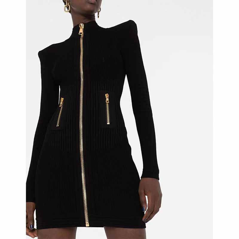 Mini Dress Ladies Long Sleeve Knitted Dress with Zips