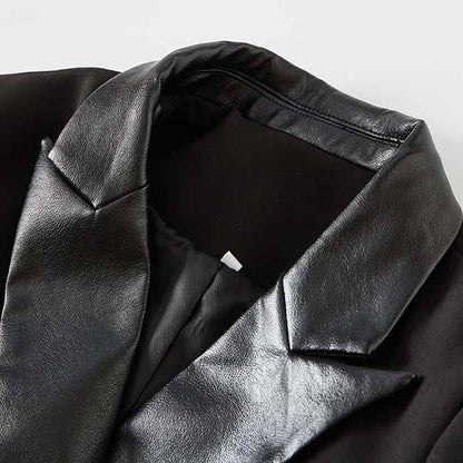 Women V-Neck Leather Collar Blazer Double Breasted Black Jacket