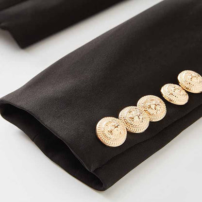 Women V-Neck Leather Collar Blazer Double Breasted Black Jacket