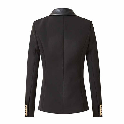 Women V-Neck Leather Collar Blazer Double Breasted Black Jacket