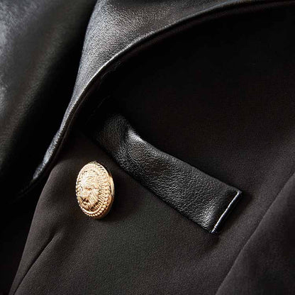 Women V-Neck Leather Collar Blazer Double Breasted Black Jacket