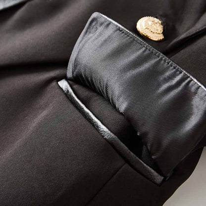 Women V-Neck Leather Collar Blazer Double Breasted Black Jacket