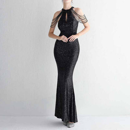 Women's Halter Neck Sequin Cocktail Long Dress Bodycon Mermaid Dress