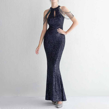 Women's Halter Neck Sequin Cocktail Long Dress Bodycon Mermaid Dress