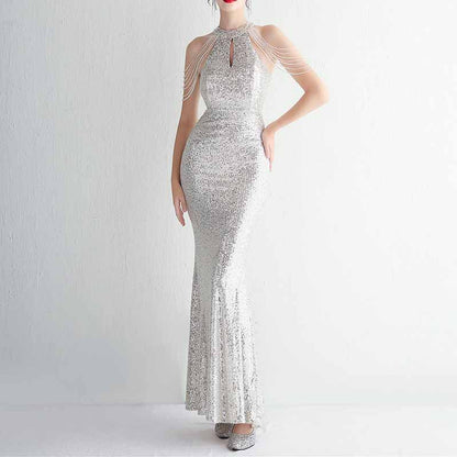 Women's Halter Neck Sequin Cocktail Long Dress Bodycon Mermaid Dress