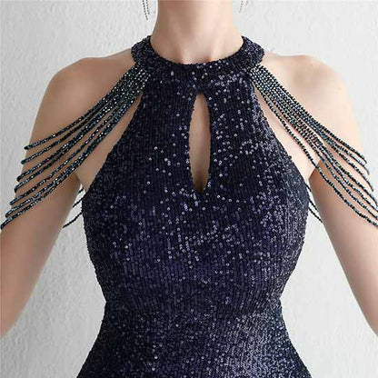 Women's Halter Neck Sequin Cocktail Long Dress Bodycon Mermaid Dress