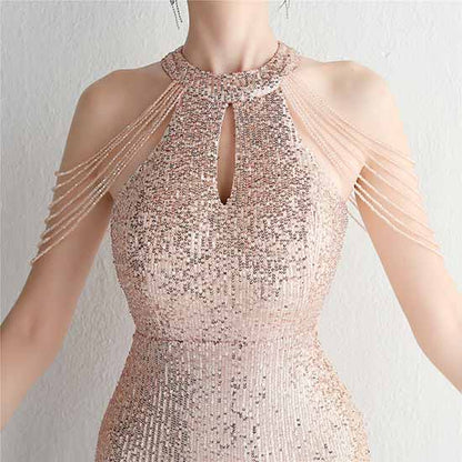 Women's Halter Neck Sequin Cocktail Long Dress Bodycon Mermaid Dress