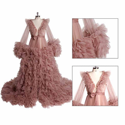 Women Tulle Robe Puffy Gown Long Sleeves Court Train Tie Closure