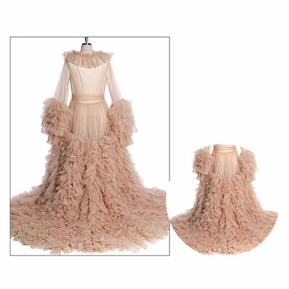 Women Tulle Robe Puffy Gown Long Sleeves Court Train Tie Closure