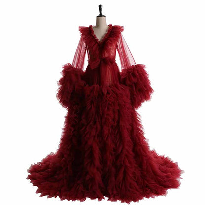 Women Tulle Robe Puffy Gown Long Sleeves Court Train Tie Closure